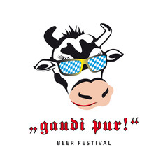 oktoberfest cool fun cow, wearing bavarian glasses, blue white diamonds, t-shirt, poster, banner