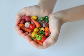 Miniature vegetables in hands. toy products. Montessori. Polymer vegetables and fruits in children's hands.
