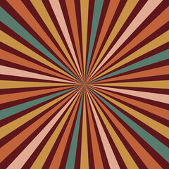 Retro colorful sun geometric background in seventies style. Yellow, orange, brown, green colors vector design