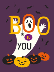 Halloween Spooky Cute Ghost Boo Face vector poster. Holiday horror spirit ghost, pumpkins, spider, bat scary character cartoon design element illustration. Happy Halloween holiday fun event background