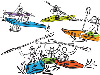 kayak extreme sport people stroke brush vector illustration - obrazy, fototapety, plakaty