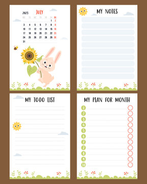 July 2023. Farm calendar planner for summer month with cute rabbit with sunflower and bee. Vector set of vertical page a4 templates to-do list, my plan and notes. Week from Monday, in English.