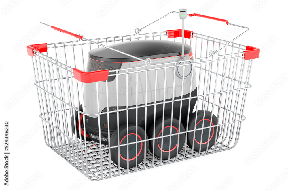 Poster shopping basket with autonomous robot, 3d rendering