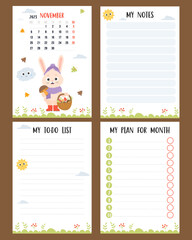 november 2023. Calendar planner with cute rabbit mushroom picker with wicker basket and autumn leaves. Vector set vertical a4 templates to-do list, my plan and notes. Week from Monday, in English.