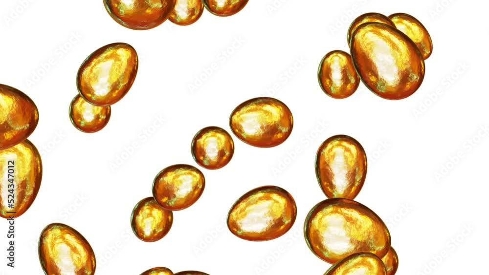 Poster realistic dof camera looping 3d animation of the fancy textured gold easter eggs falling from the to