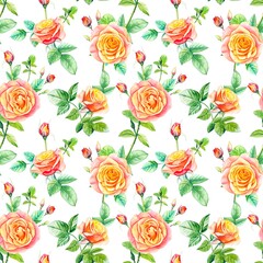 Seamless floral pattern with watercolor peach roses