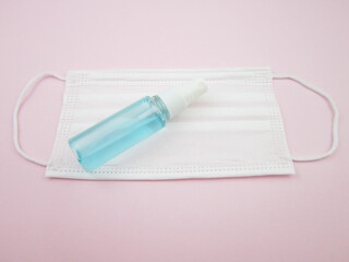      Surgical mask and hand sanitizer gel for prevention of coronavirus corona virus, hand hygiene spread protection.     