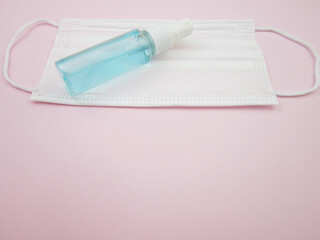      Surgical mask and hand sanitizer gel for prevention of coronavirus corona virus, hand hygiene spread protection.     