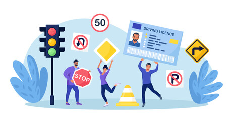 Fototapeta premium Driver License. People Studying in School Learning Traffic Rules, Passing Exams, Get Permission for Auto Owning. Characters with ID Card, International Permit, Traffic Signs. Driving School.