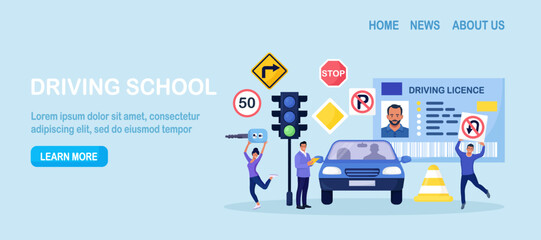 Driving school. Begginer driver learning parking on driving examination. Instructor checking student knowledge of traffic law road rule. Study of road signs, receiving driver’s license.Training course