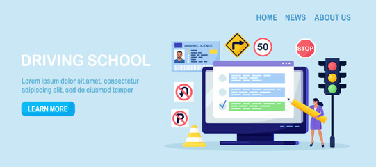 Driving school. Woman passing exam for getting driver licence, ID card online. People learning traffic rules, driving car with instructor. Driver education, online lessons, international permit