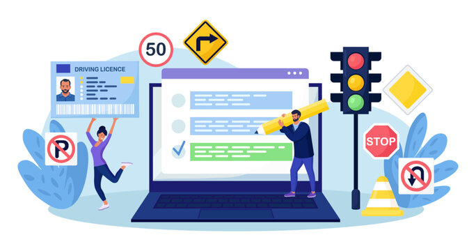 Driving school. Man passing exam for getting driver licence. People learning traffic rules, driving car with instructor. Woman with ID card. Driver education, online lessons, international permit