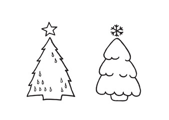 vector image of silhouettes of Christmas trees, acute-angled with a star and rounded with a snowflake, postcard, pattern, coloring, embossing, tag, sticker