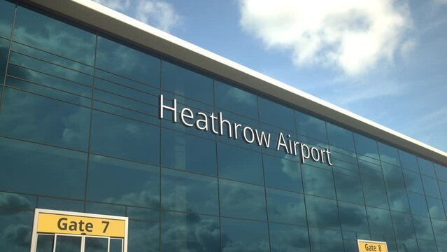 Airliner landing reflecting in the windows with Heathrow Airport text