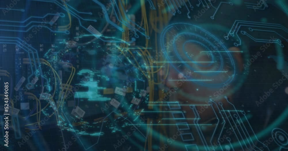 Poster animation of security padlock, data processing and scope with computer circuit board