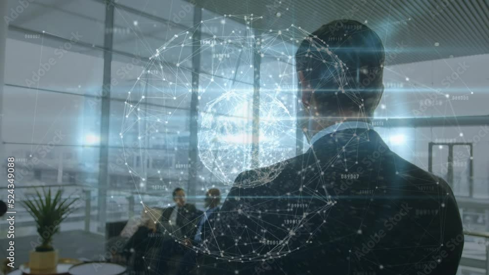 Poster animation of globe with network of connections and data processing over business people