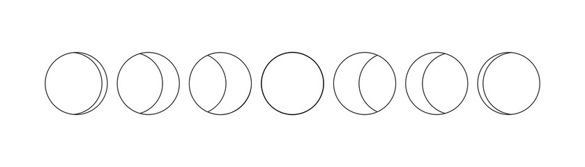 Minimal line art of moon phases in black and white. Astronomy, space theme. For tattoo, poster, card, decoration.