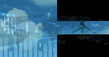 Animation of financial data processing and world map over wind turbine - Powered by Adobe