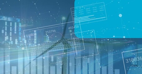 Animation of financial data processing and statistics over wind turbine - Powered by Adobe