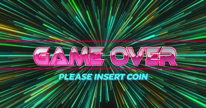 Animation of game over metallic text over neon pattern and light trails