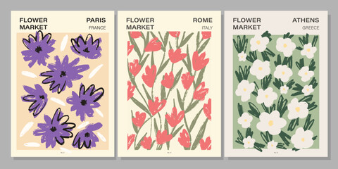 Flower market poster set. Abstract floral illustration. Botanical wall art collection, vintage poster aesthetic. Vector illustration	
