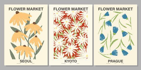 Flower market poster set. Abstract floral illustration. Botanical wall art collection, vintage poster aesthetic. Vector illustration	