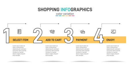 Concept of shopping process with 4 successive steps. Four colorful graphic elements. Timeline design for brochure, presentation, web site. Infographic design layout.