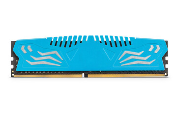 Front view of a blue modern gamer RAM memory, isolated on white