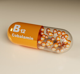 Vitamin B12, Cobalamin, b12 text on globules, capsules, 3d illustration.