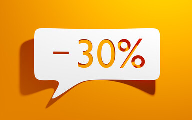 -30% off, speech bubble paper cutout, message, 3d rendering. concept sale, best offer, discount