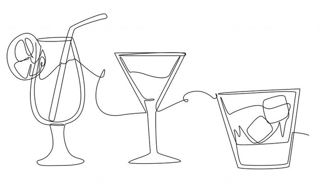 Self-drawing of colorful cocktails in one line on a white screen. Stock cartoon video with alcohol in 4k with alpha channel. Whiteboard presentation about summer soft drinks.