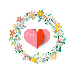 Wreath with heart and love title isolated on white background - vector