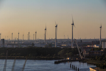 Several wind turbines from afar