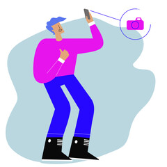 cartoon guy, cellphone, listen to music, earphones, bag, relax, hobbie, free time, leaning, resting, music player, vetor, people, blue pants