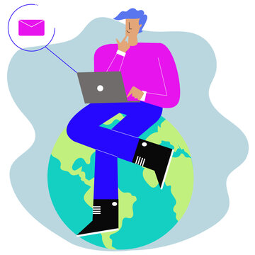 cartoon guy is using his computer sitting on a globe or planet earth and there is an envelope next to it