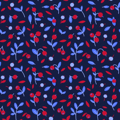 Seamless pattern with berries and leaves on a dark background. Wild berries, blueberry simple stylish wallpaper. Textile, fabric summer floral design.