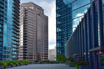 Outdoor terrace and modern skyscrapers on an overcast day