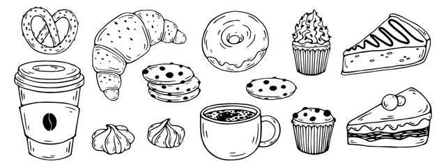 A set of linear doodles of sweet chocolate desserts, pastries and a cup, a glass of aromatic coffee. Cartoon vector graphics.