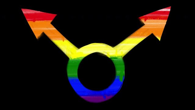 Animation of gay relations on a black screen. Same-sex love men logo for clip. Dynamic graphics of the LGBT community with a ring and arrows of LGBT color. 4k with alpha channel.