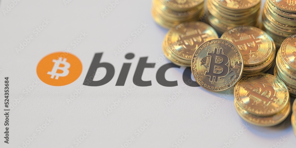 Poster flag with bitcoin text and many bitcoins. national cryptocurrency regulations concept, 3d rendering