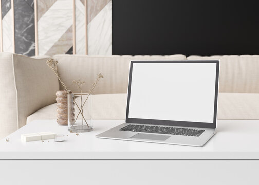 Laptop with blank white screen, on white table at home. Computer mock up. Free, copy space for app, game, web site presentation. Empty laptop screen ready for your design. Modern interior. 3D render.