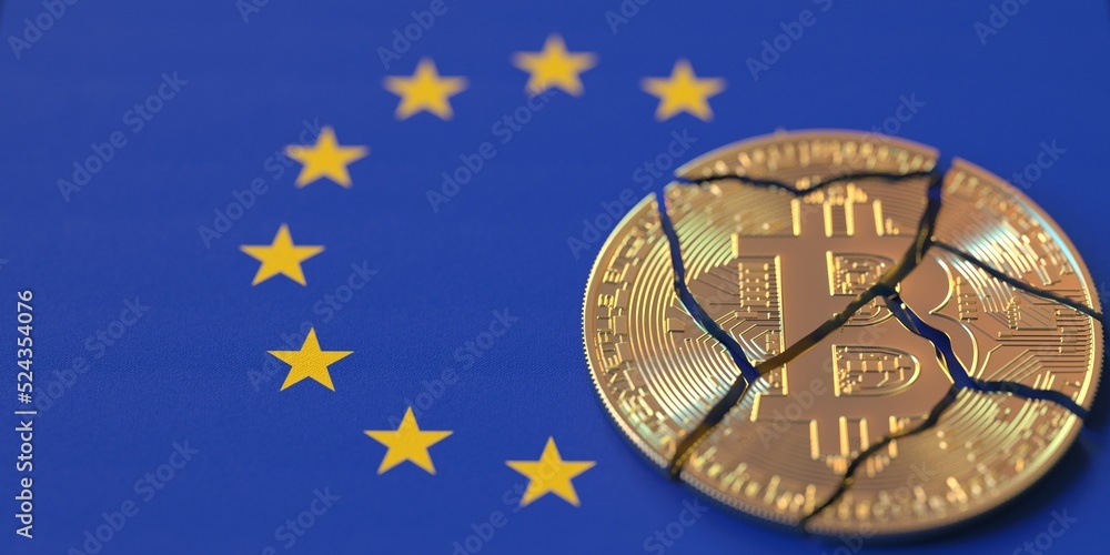 Poster flag of the european union and destroyed bitcoin. cryptocurrency ban or restrictions related 3d rend