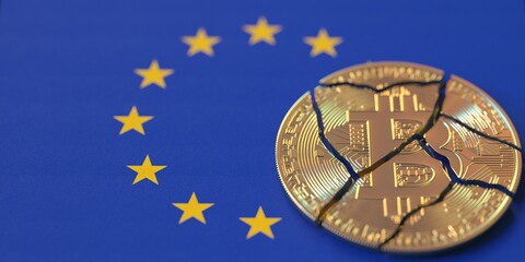 Flag of the European Union and destroyed bitcoin. Cryptocurrency ban or restrictions related 3d rendering
