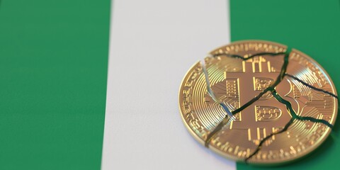 Flag of Nigeria and broken bitcoin. Cryptocurrency ban or crypto legal issues concepts, 3d rendering