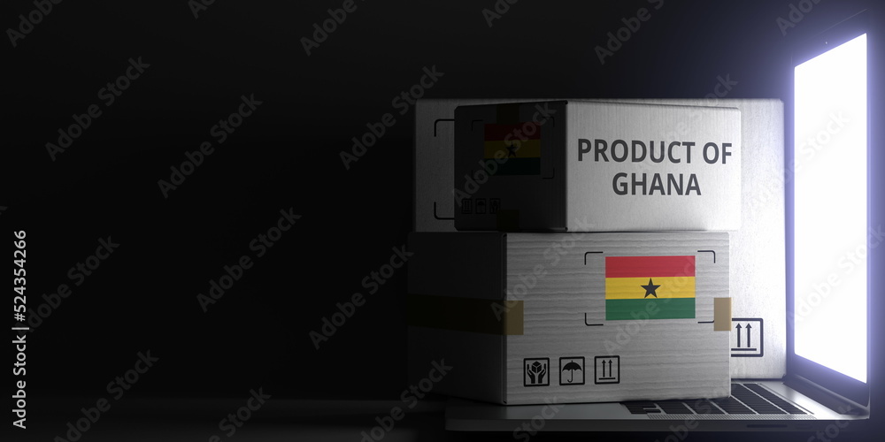 Poster cartons with product of ghana text and flag on the laptop, black background. 3d rendering