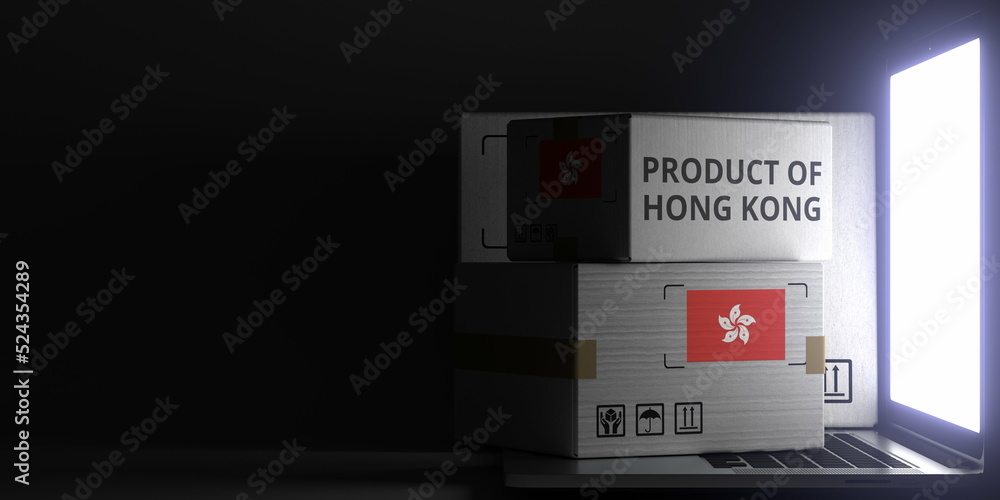 Aufkleber cartons with product of hong kong text and flag on the laptop, black background. 3d rendering