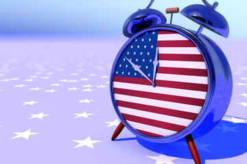 Alarm clock with US flag dial. Independence Day, Veterans, Patriots... 3D illustration.
