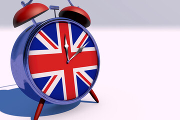 Alarm clock with a dial in the form of the flag of Great Britain. Background of national holidays. 3D illustration.