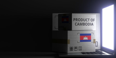 PRODUCT OF CAMBODIA text and flag sticker on the boxes on the laptop on dark background. 3D rendering