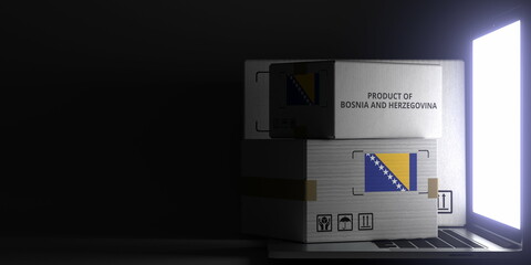 Cartons with PRODUCT OF BOSNIA text and flag on the laptop, black background. 3D rendering